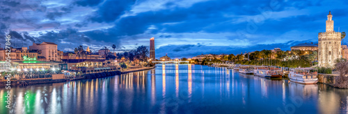 Panoramic view of the Guadalquivir River at dusk from San Telmo Bridge,  Seville, Spain