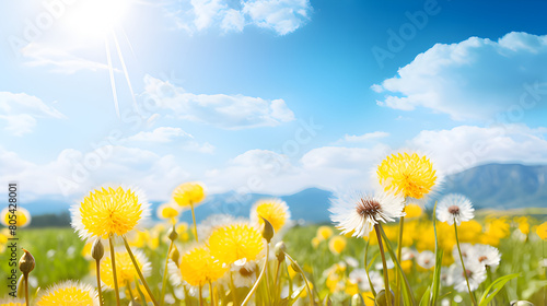 field of dandelions .Natural colorful panoramic landscape with many wild flowers of daisies 