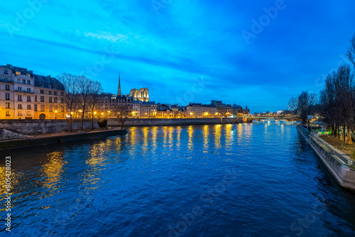 Twilight Over Seine River and Notre Dame From Louis Philippe Bridge