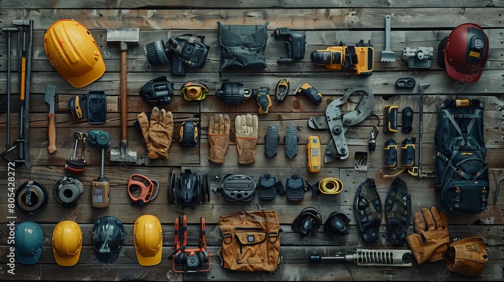 A collection of construction tools and safety equipment organized on a wall A collection of construction tools and safety equipment organized on a wall