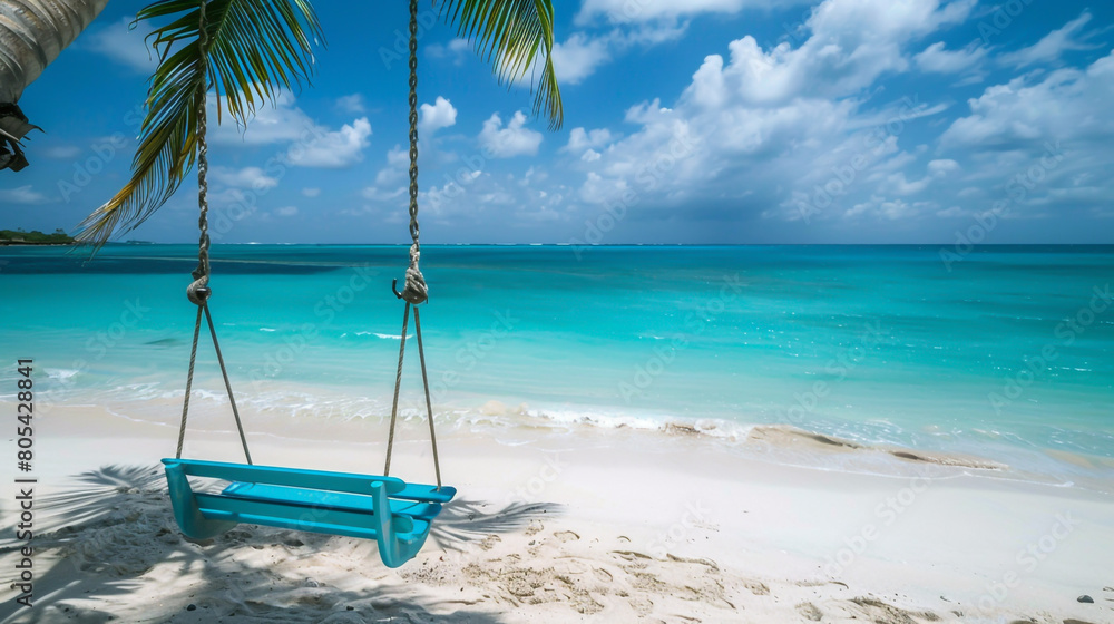 Image of a blue chair hanging from a palm tree branch on a white sand beach with a clear turquoise sea background, Image of a blue chair hanging from a palm tree branch on a white sand beach with a clear turquoise sea background,