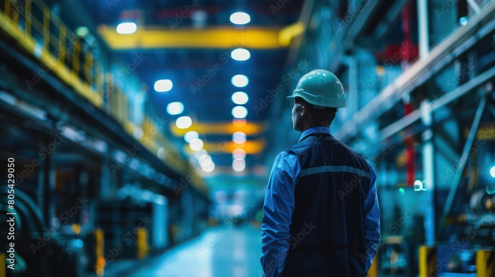 A professional engineer in safety gear inspects a modern, well-lit industrial plant with heavy machinery