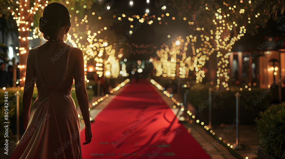 Obraz premium Beautiful young woman walking on red carpet at night with lights.