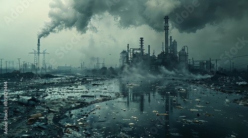 Thick smoke rises from a factory amidst a polluted pond filled with trash  depicting environmental pollution and industrial impact