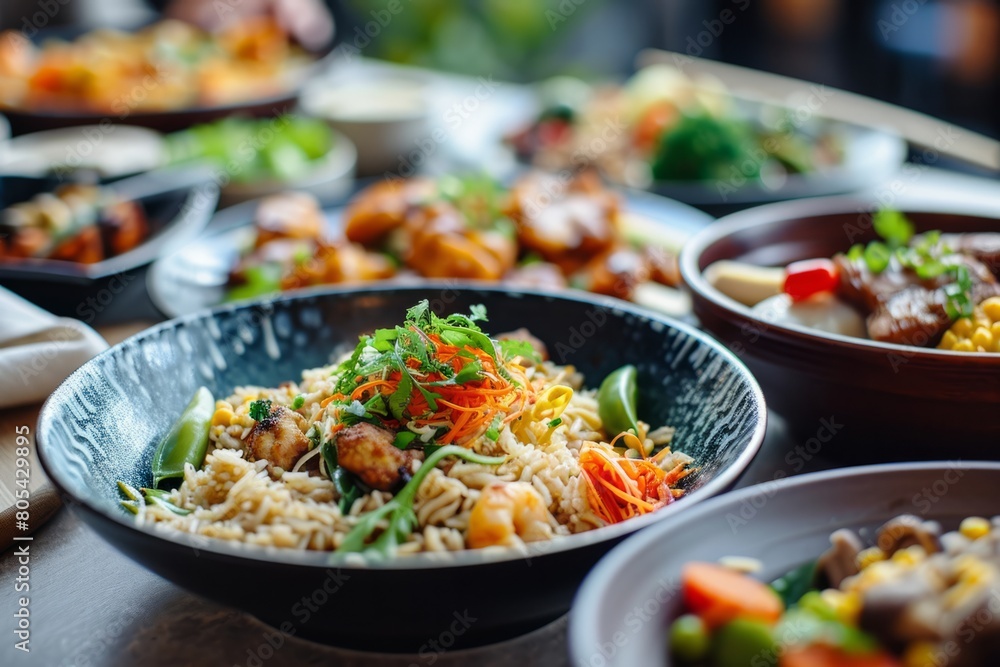 Asian cuisine with meat on a dark background in a restaurant
Asian cuisine with meat on a dark background in a restaurant