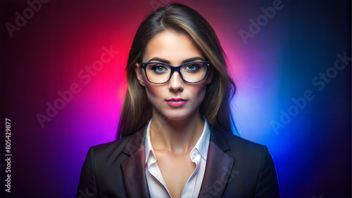 Beautiful girl in an office suit with her blouse unbuttoned from the heat. Professional portrait of a confident young woman in a suit and glasses, illuminated by vibrant purple and blue lighting photo
