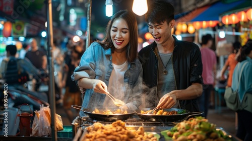 Young Asian couple traveler tourists eating Thai street food together in China town night market in Bangkok in Thailand - people traveling enjoying food culture concept