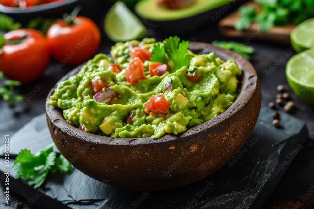 Guacamole with vegetables in a plate on a table in a cafe
Guacamole with vegetables in a plate on a table in a cafe