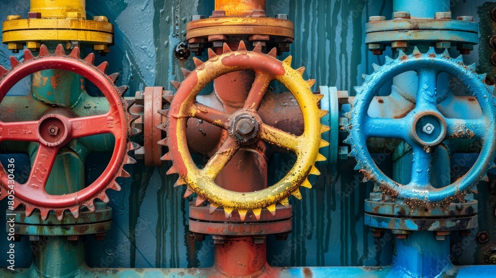Industrial gears and pipes in a spectrum of colors, perfect for showcasing mechanical engineering aesthetics, close-up Industrial gears and pipes in a spectrum of colors, perfect for showcasing mechanical engineering aesthetics, close-up