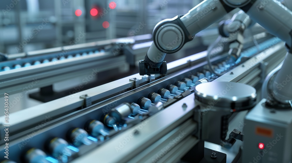 Innovative 3D model of a factory machine with conveyor and robotic arm, designed for high-efficiency light bulb sorting, close-up Innovative 3D model of a factory machine with conveyor and robotic arm, designed for high-efficiency light bulb sorting, close-up