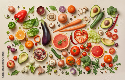 top views of a colorful assortment of fruits and vegetables  including tomatoes  oranges  and avocados  are spread out on a white background. Concept of abundance and freshness