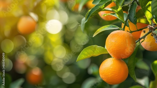Juicy oranges in focus with blurred green leaves in the background highlighting nature's freshness and vitality photo