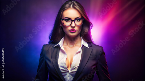 Beautiful girl in an office suit with her blouse unbuttoned from the heat. Professional portrait of a confident young woman in a suit and glasses, illuminated by vibrant purple and blue lighting photo