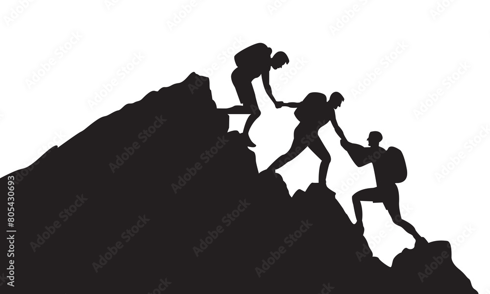 Silhouette of three people hiking climbing mountain and helping each other on top of mountain, helping hand and assistance concept vector