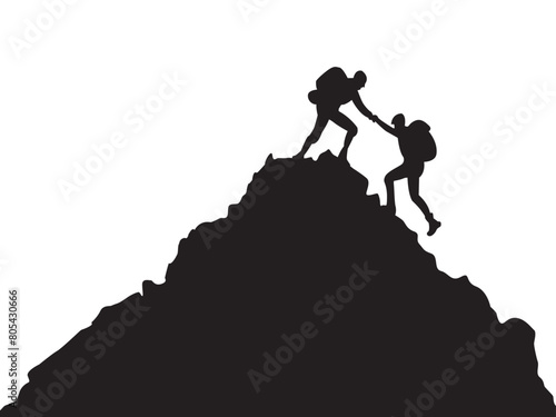 Silhouette of two people hiking climbing mountain and helping each other on top of mountain, helping hand and assistance concept vector