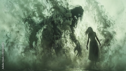 A shadowy figure towers behind a woman in calm shallow waters as a massive wave looms