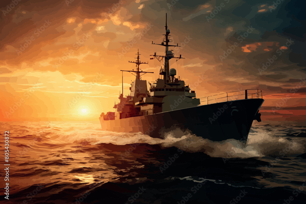 Warship in the stormy sea. 3D illustration