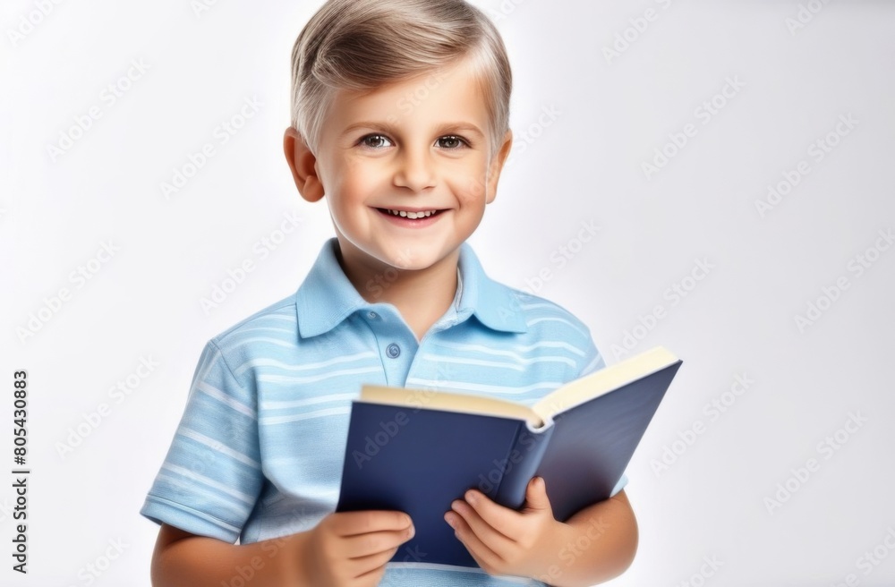 Happy smiling boy - preschooler or elementary school student with a book in his hands. Back to school. On a white background Happy smiling boy - preschooler or elementary school student with a book in his hands. Back to school. On a white background