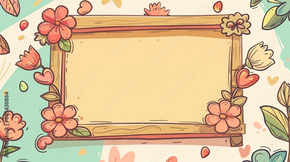 cute flower doodle with wooden notice board cute cartoonish page print border design, with blank empty space for mock up message background cute flower doodle with wooden notice board cute cartoonish page print border design, with blank empty space for mock up message background