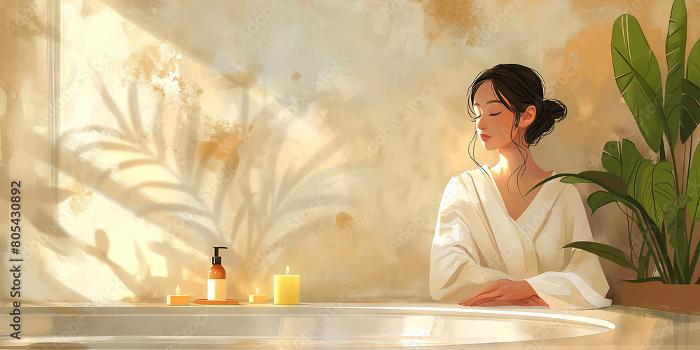 The photo shows a woman relaxing in a bathtub , spa banner blank space for text.