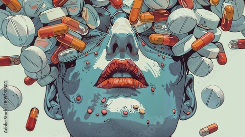 A person with a pile of pills stacked on their head, showcasing the concept of medication or health treatment