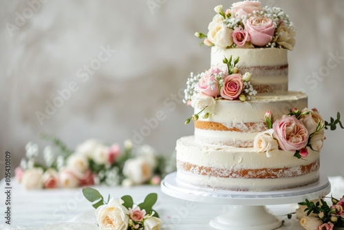 A wonderful birthday cake decorated with roses on a light background. Concept for celebrating birthday, anniversary, wedding.
