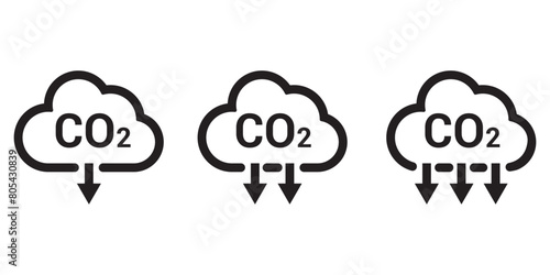 Reduce co2 gas icon set. carbon reduction cloud sign. cut co2 pictogram. zero carbon emission. zero greenhouse gas low co2 logo. Carbon dioxide emissions. Simple linear vector illustration.
