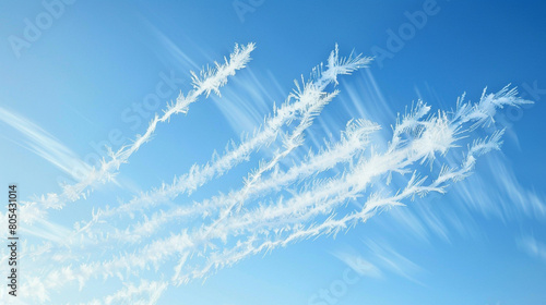 Wispy trails of smoke in frosty blue and white, mimicking the chilly air of winter mornings, set against a clear sky-blue background.