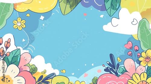 springtime flower blossom minimal cartoonish doodle page print border design  with blank empty space for mock up message background   