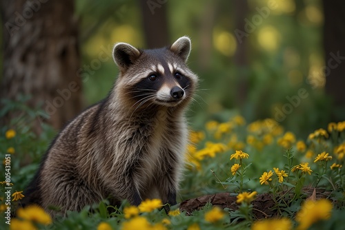 A raccoon in a forest with yellow flowers © fitriyatul