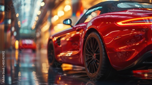 A high-end red convertible car boasts its elegance and sleek design amidst the glittering city lights and glossy reflections on wet ground