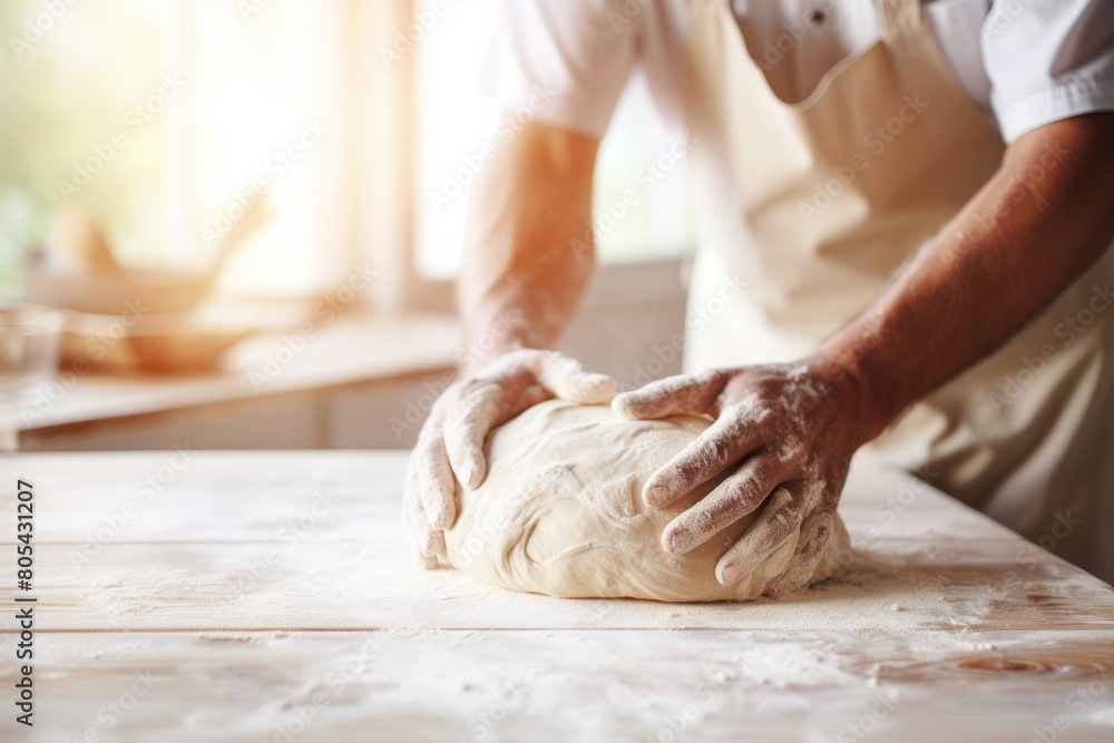 Baker's hands knead dough on the table in a bright kitchen
Baker's hands knead dough on the table in a bright kitchen