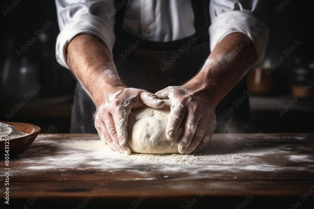 Baker's hands knead dough on the table in a bright kitchen
