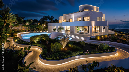 A white villa at night, illuminated by subtle perimeter lighting that outlines its luxurious pool and landscaped garden. The villa's architecture is highlighted, showing off its curves