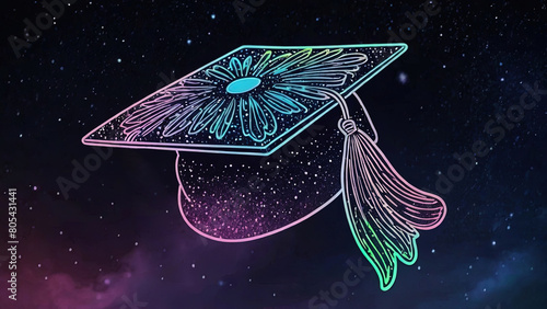 a graduate's hat with a neon outline and patterns on a starry sky background