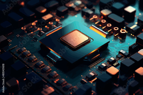 Electronic circuit board with processor, close up