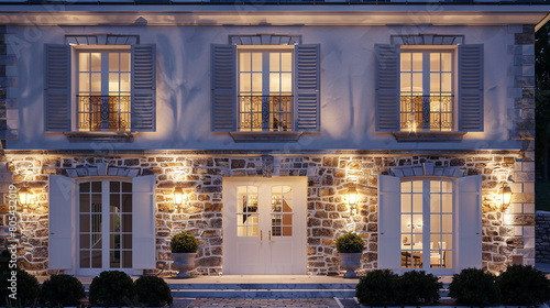 A white French Provincial house's facade at night, illuminated by tastefully placed sconces that highlight the stone masonry and the intricate woodwork of the shutters and doors,