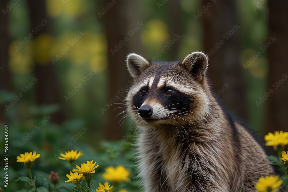 A raccoon in a forest with yellow flowers