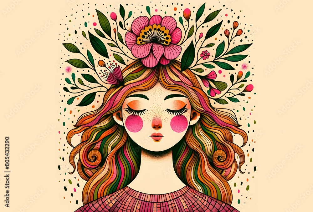 Serene Spring Goddess: An Illustration of a Young Woman Adorned with a Vibrant Floral Crown