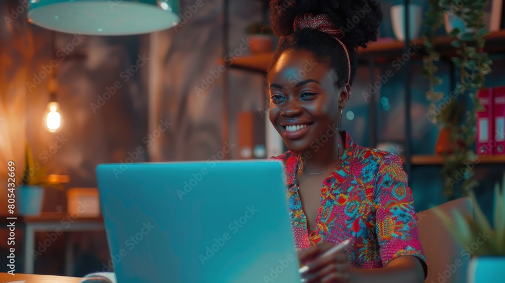 Fototapeta premium Smiling Woman Working on Laptop