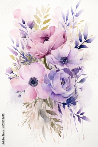 Graceful watercolor bouquet of blush and lavender flowers  overlapped petals adding depth  on a fresh white canvas    high resolution