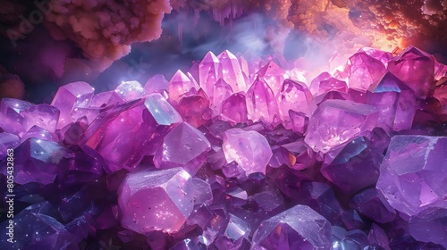 Amethyst, rose quartz, and light blue quartz crystals in a cluster with varying textures photo