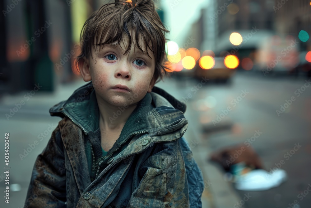 A boy dressed in old clothes on the street of the city. homeless, poor people A boy dressed in old clothes on the street of the city. homeless, poor people