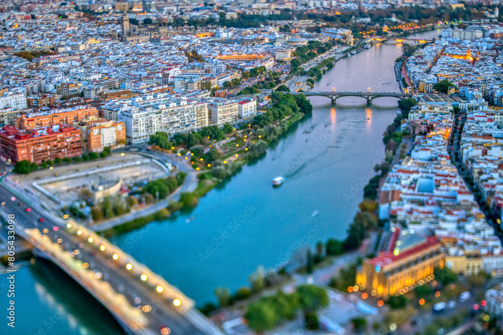 Fototapeta premium Aerial view of downtown Seville (Spain). Photo taken with a tilted lens for a shallower depth of field.