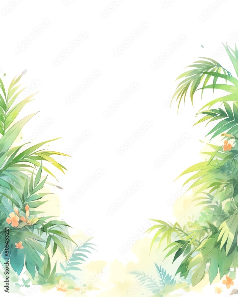 A lush tropical rainforest with green leaves, orange flowers, and bright sunlight.