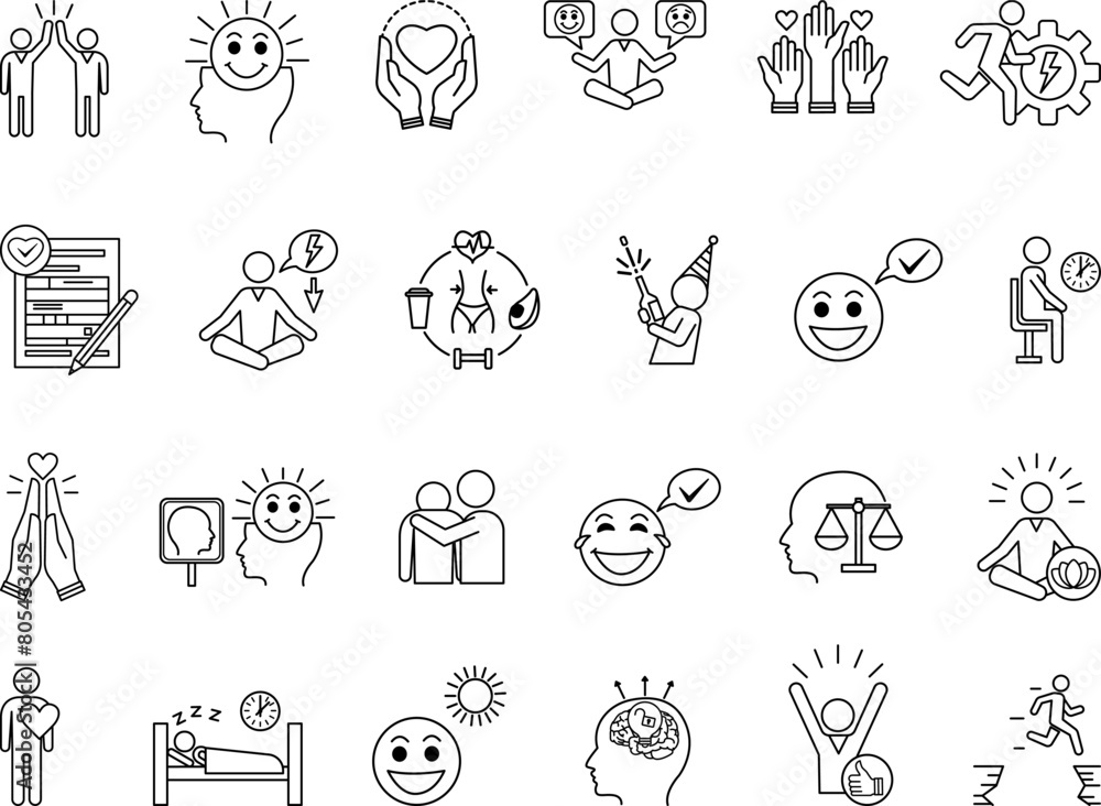 Positive Thinking Icons Set. Vector Icons of Healthy Lifestyle, Patience, Gratitude, Calm, Bravery, Positive Attitude, Optimism, Volunteer, Sympathy and Other