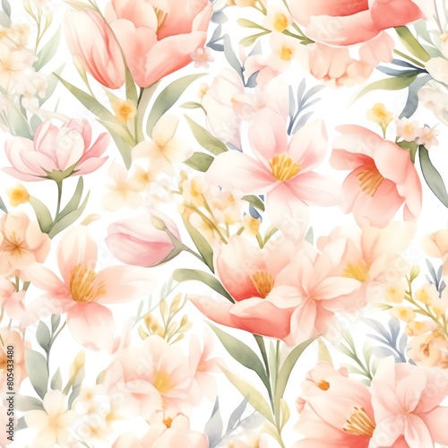 A beautiful watercolor floral pattern with soft pink  yellow  and green colors. The pattern is seamless and can be used for fabric  wallpaper  or any other surface.