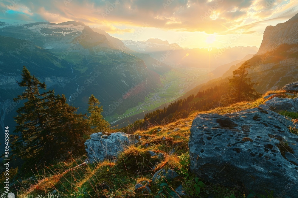 Sunset over green mountain with atlantic ocean, Faroe islands - Kallur lighthouse. Beautiful simple AI generated image in 4K, unique.