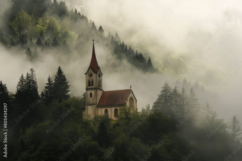 Fototapeta premium Sunset over green mountain with atlantic ocean, Faroe islands - Kallur lighthouse. Beautiful simple AI generated image in 4K, unique.