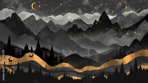 A visually stunning mural wallpaper that brings a night landscape to life, with imposing dark mountains, a sky rendered in shades of gray with luminous stars, silhouetted deer figures, 